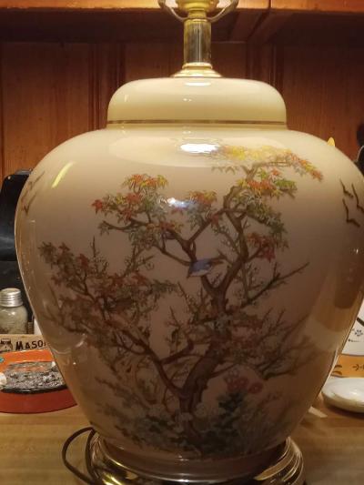 vintage decorative lamp with trees and birds on it - Thumbnail 2