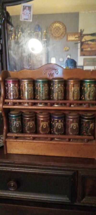 vintage spice cabinet with metal spice tins - Thumbnail 3