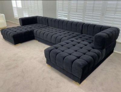 Black Velvet Double Chaise Sectional seccional large couch - Thumbnail 2