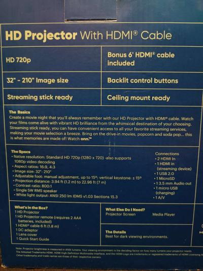 onn  HD Projector with HDMI Cable - Thumbnail 3