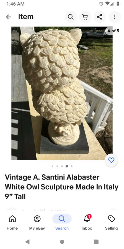 Alabaster carved figurine white owl w red eyes - Thumbnail 4