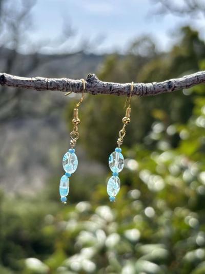 handmade glass blue beaded earrings with little blue flowers - Thumbnail 2