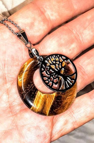 Natural Tiger Eye Tree Of Life Necklace - Thumbnail 3