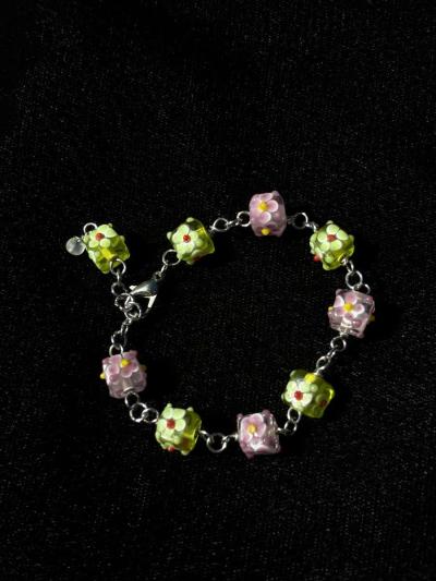 Handmade pink and green textured glass bracelet - Thumbnail 3