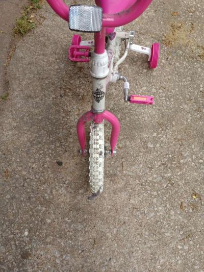 a healthy Barbie pink and white bike with training wheels - Thumbnail 2
