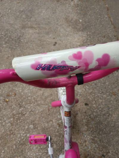 a healthy Barbie pink and white bike with training wheels - Thumbnail 3