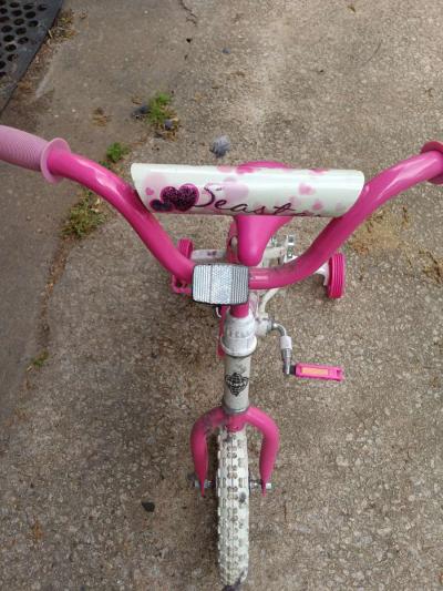 a healthy Barbie pink and white bike with training wheels - Thumbnail 6