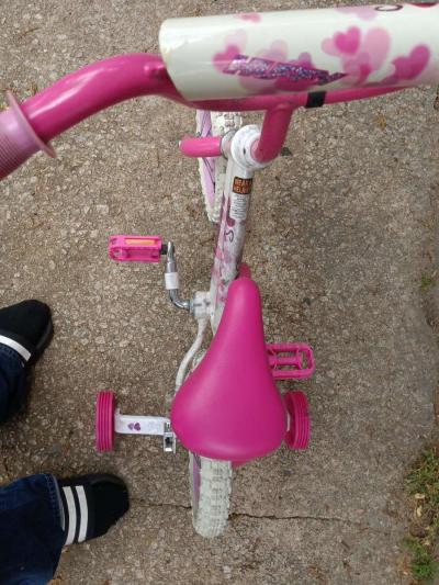 a healthy Barbie pink and white bike with training wheels - Thumbnail 5