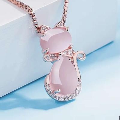 Pink Jade Jadeite Rose Gold Plate Cat Pendant Necklace - Thumbnail 3