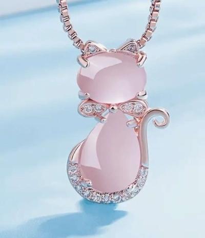 Pink Jade Jadeite Rose Gold Plate Cat Pendant Necklace - Pasadena, California