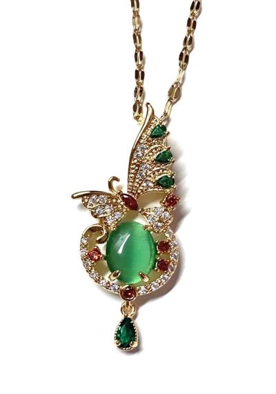 green Jade jadeite cat eye butterfly bird Cubic pendant - Thumbnail 2