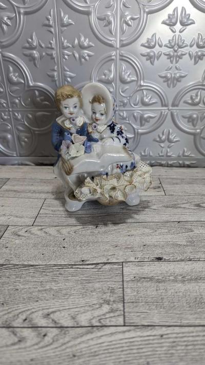 Antique Boy and Girl Reading a Large Bible Book