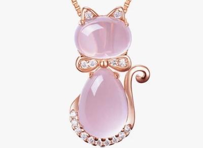 Pink Jade Jadeite Rose Gold Plate Cat Pendant Necklace - Thumbnail 4