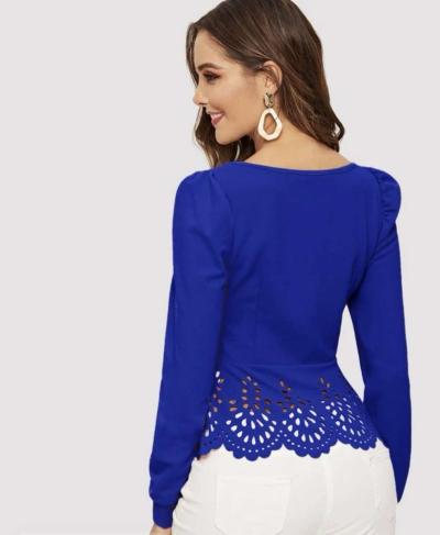 Buttoned Front Laser Cut Hem Puff Sleeve Top - Thumbnail 2