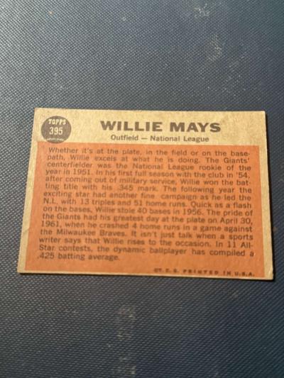Willie Mays Baseball Card Topps 395 - Thumbnail 2