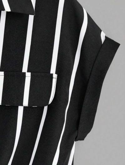 black and white Striped Print Batwing Sleeve Shirt - Thumbnail 4