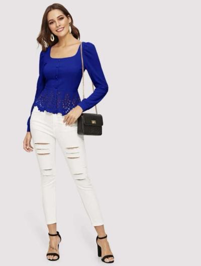 Buttoned Front Laser Cut Hem Puff Sleeve Top - Thumbnail 3