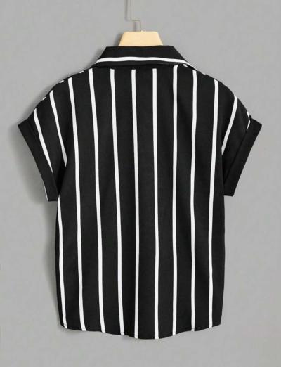 black and white Striped Print Batwing Sleeve Shirt - Thumbnail 2