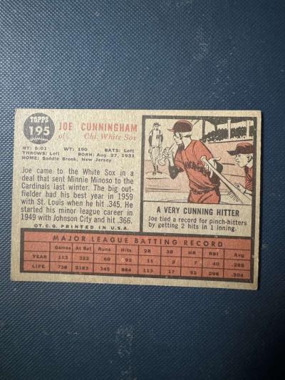 Joe Cunningham baseball card Topps 195 - Thumbnail 2