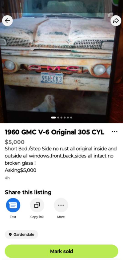 1960 GMC V6 305 CYL Short Bed Step Side - Thumbnail 2