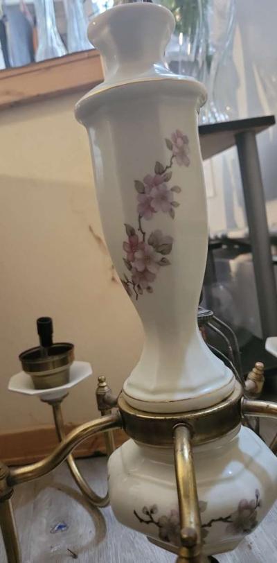 antique porcelian and brass flower chandelior - Thumbnail 3