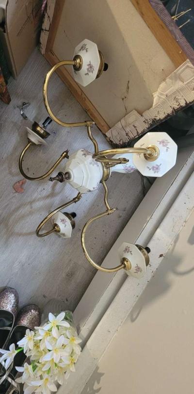 antique porcelian and brass flower chandelior - Thumbnail 5