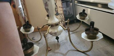 antique porcelian and brass flower chandelior - Thumbnail 4