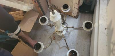 antique porcelian and brass flower chandelior - Thumbnail 2