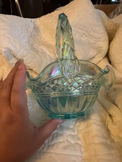 Fenton sea green glass basket - Thumbnail 3