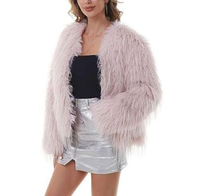 Faux Fur Pink Coat Womens Jacket Shaggy Outwear Long Sleeve - Thumbnail 2