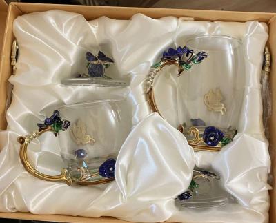 glass tea cup with lids 2pack blue rose butterfly set - Thumbnail 3