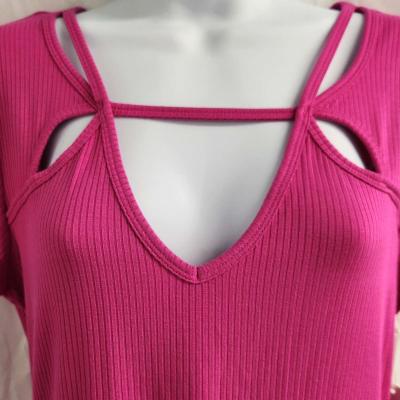 Candies Made To Sparkle Cutout Neckline Ribbed Tee in Fuscia - Thumbnail 2