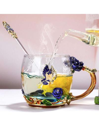 glass tea cup with lids 2pack blue rose butterfly set - Thumbnail 5