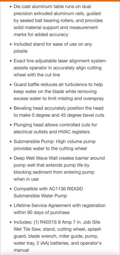 Ridgid R4031S Wet Saw with Stand - Thumbnail 6