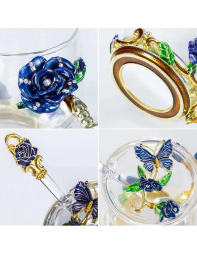 glass tea cup with lids 2pack blue rose butterfly set - Thumbnail 4