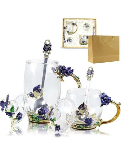 glass tea cup with lids 2pack blue rose butterfly set - Thumbnail 2
