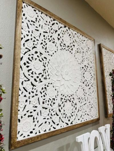 Large Square White Wood Floral Carved Scrolling Rustic - Thumbnail 3