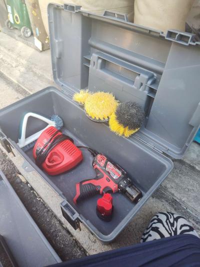 tool box with cleaning scrubbers and a drill - Thumbnail 2
