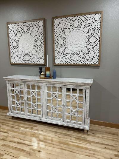 Large Square White Wood Floral Carved Scrolling Rustic - Thumbnail 5