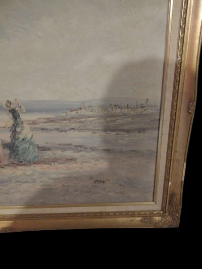 antique oil painting depicting two women looking at the sea - Thumbnail 5