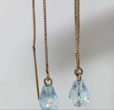 10K Gold Blue Topaz Threader Earrings - Thumbnail 3