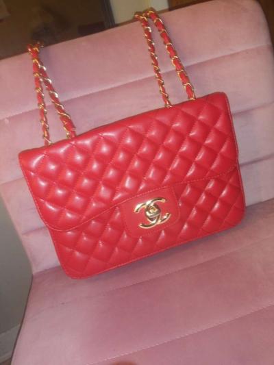 CHANEL Classic Jumbo Red Lambskin Leather Double Flap Should - Thumbnail 5