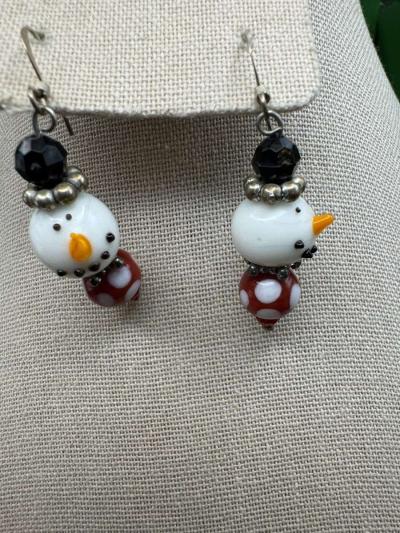 2040Vintage Art Glass Hand Blown Snowman Earrings Dangle Dro - Thumbnail 2