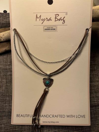 3003PTSO Myra Bag Feather Shield Stacked Necklace Leather  M - Thumbnail 6
