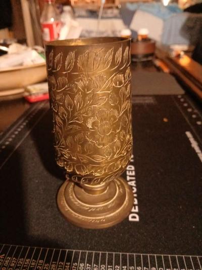 Vintage Floral Etched Brass Footed Vase Goblet Made in India - Thumbnail 3