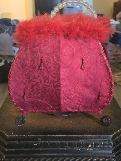 Red Feather Trim Acrylic Tassels Purse Shape with Beaded Han - Tavares, Florida