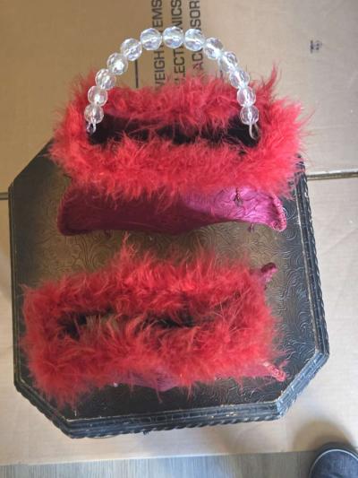 Red Feather Trim Acrylic Tassels Purse Shape with Beaded Han - Thumbnail 2