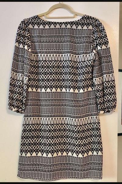 Ikat Print Black and White Shift Dress - Thumbnail 2