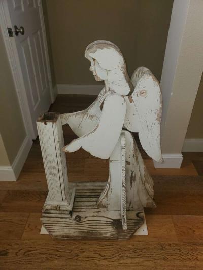Wooden Folk Art  Praying Angel Pedestal 30L x 17W x 41H - Thumbnail 2