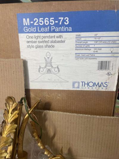 Gold Leaf Patina Amber Swirl Alabaster White Light Pendant - Thumbnail 2